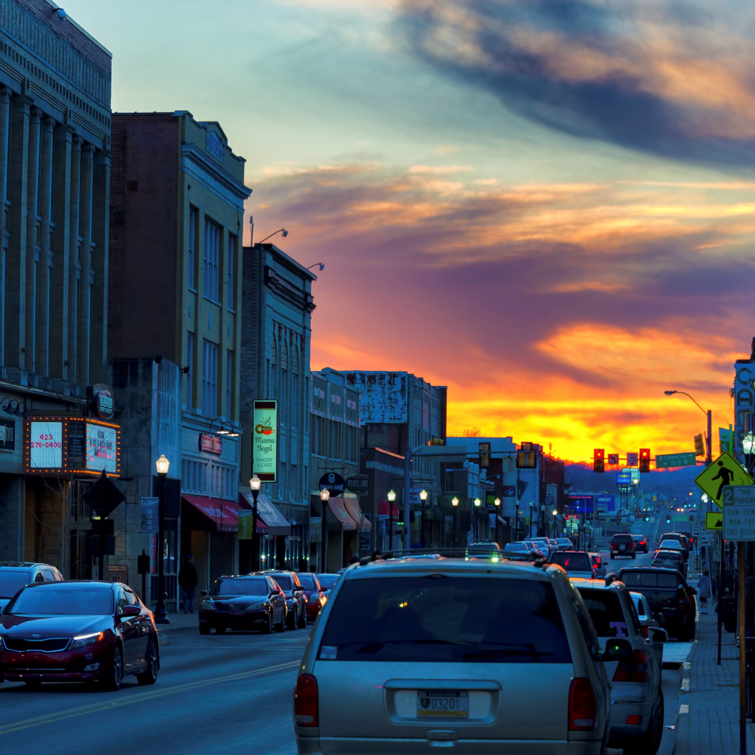 State Street In Bristol at dusk with colorful sunset skies.