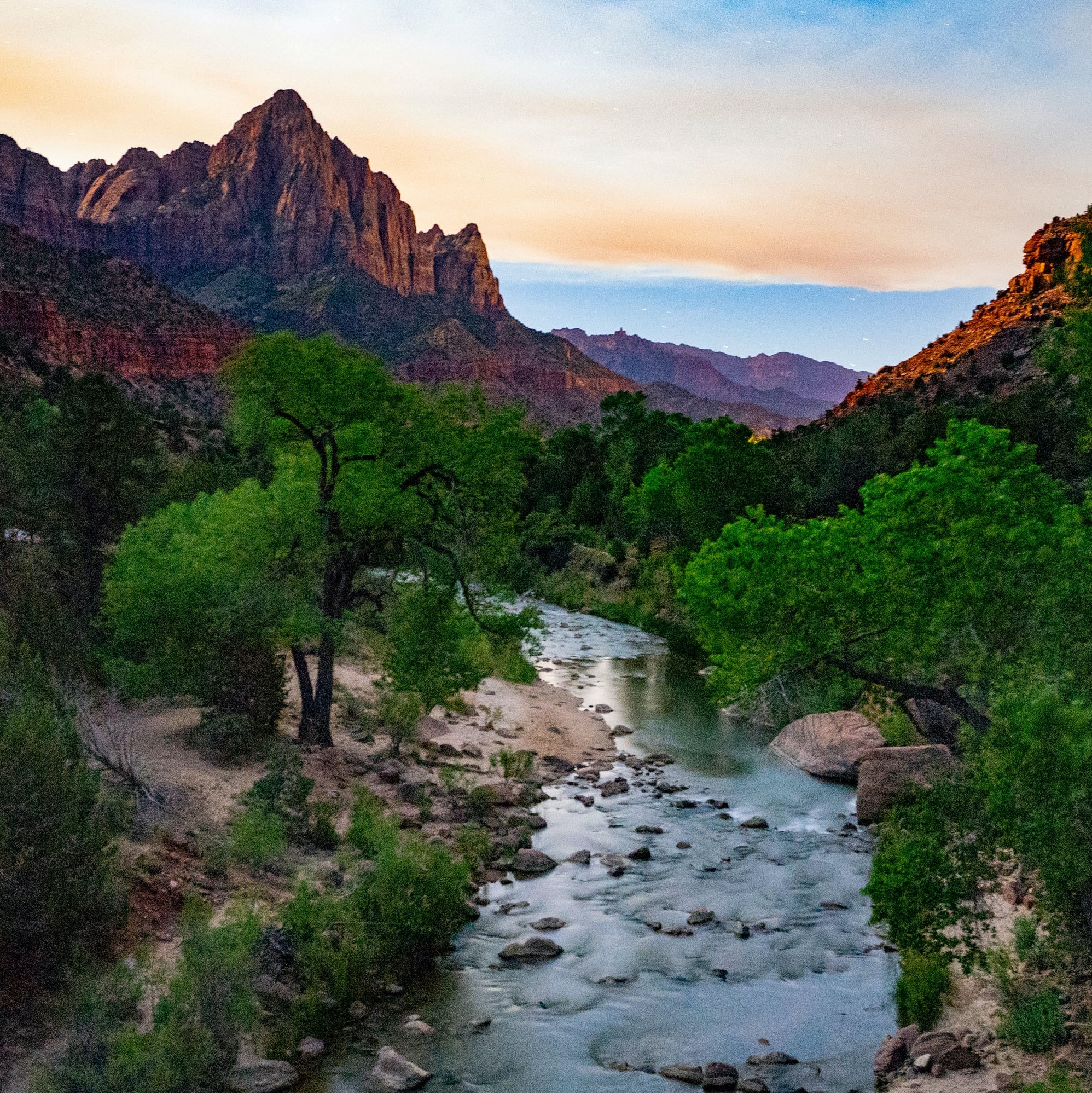 A stream with mountains in the background in Zion National Park